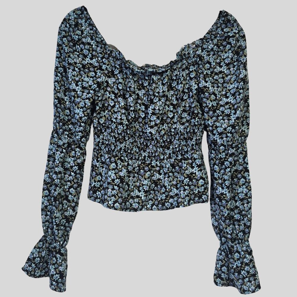 Prairie Style Floral Blouse 🌿 Dainty Blue Flowers, Cinched Waist, Romantic Vibe